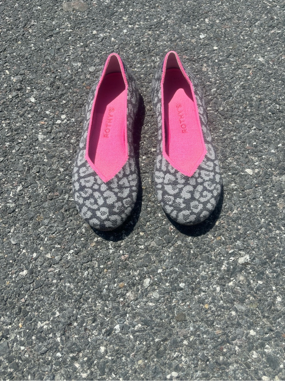 Rothy's Gray Leopard Knit Flats with Pink Insole